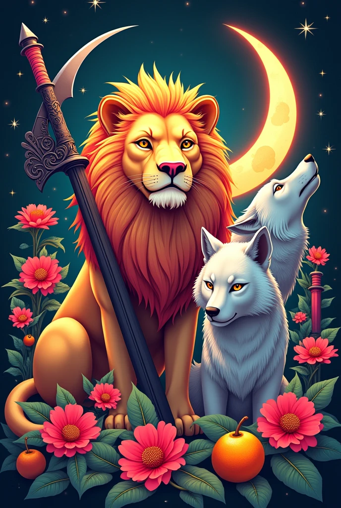 Anime 2D MoonStars Logo with bright red lycoris radiata, a golden lion, a silver wolf, a black scythe, a pink microphone, an orange fruit and turquoise green katanas