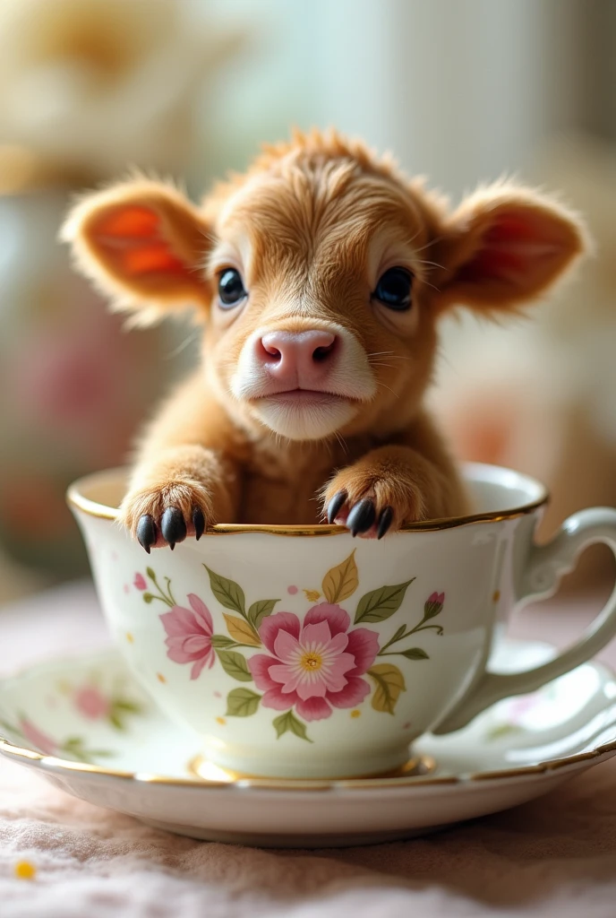 ((masterpiece,best quality,）），close up，side，A cute little cow placed in a teacup，Sexy holding a teacup