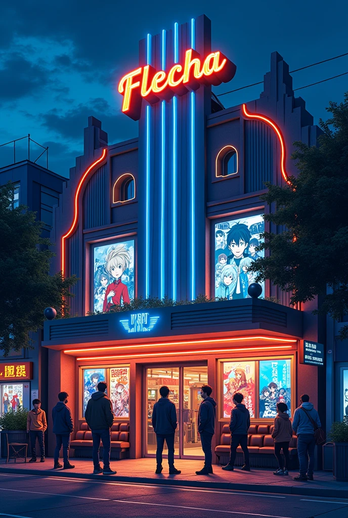 Create an image where the name of the cinema flecha is highlighted, aara aagina that is going to upload short anime clips, Films, series, Short and long shots, but masculine.