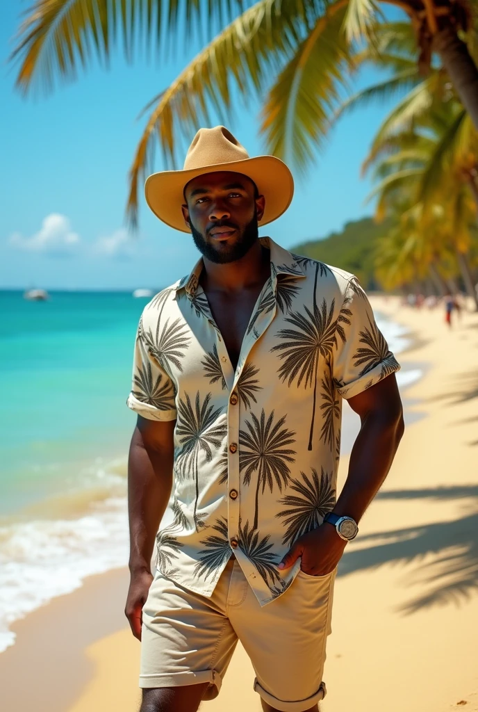 Dark and robust man with a cowboy hat, Palm tree print shirt and beige shorts with back to back on the beach with water in Taxco 