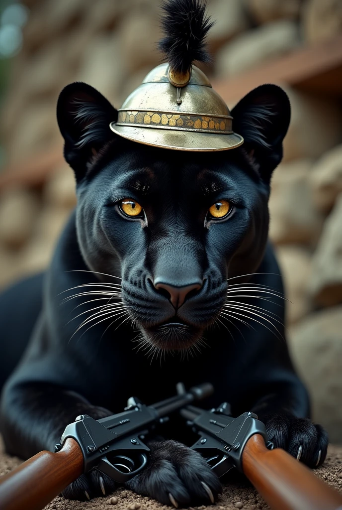 angry panther with a Roman helmet on its head and two crossed machine guns in the background