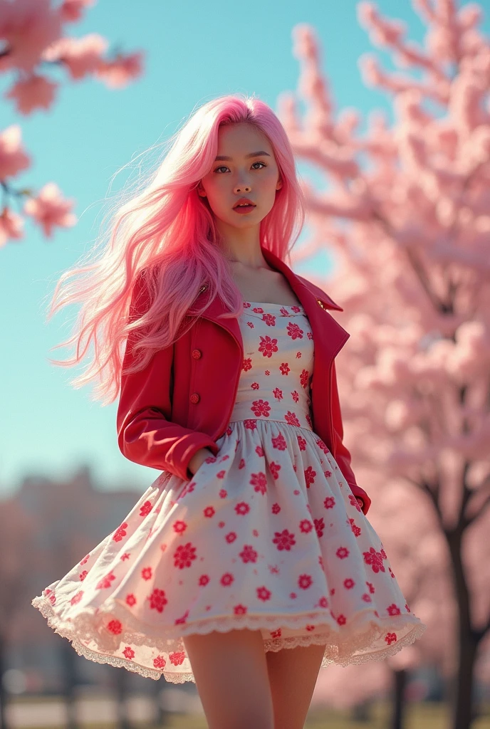 a woman with long pink hair, she is wearing a short dress, and a red clocket