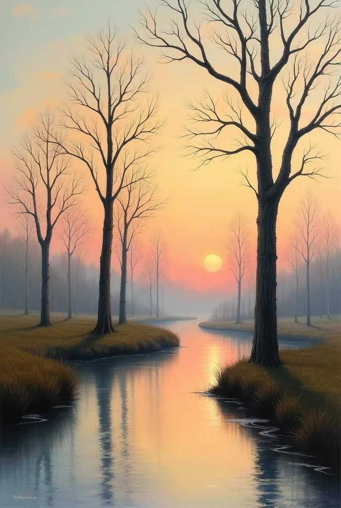 Make an impressionism art of a river with trees with no leaves and a sunset, make it classical and old fashion more old fashion and simpler, simpler
