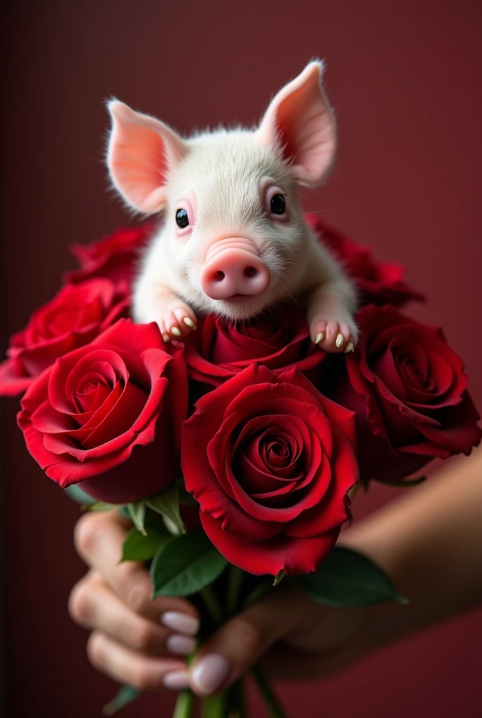 ((masterpiece,best quality,)),close up,side,A cute little pig placed on a bouquet of red roses,A sexy hand holding a rose