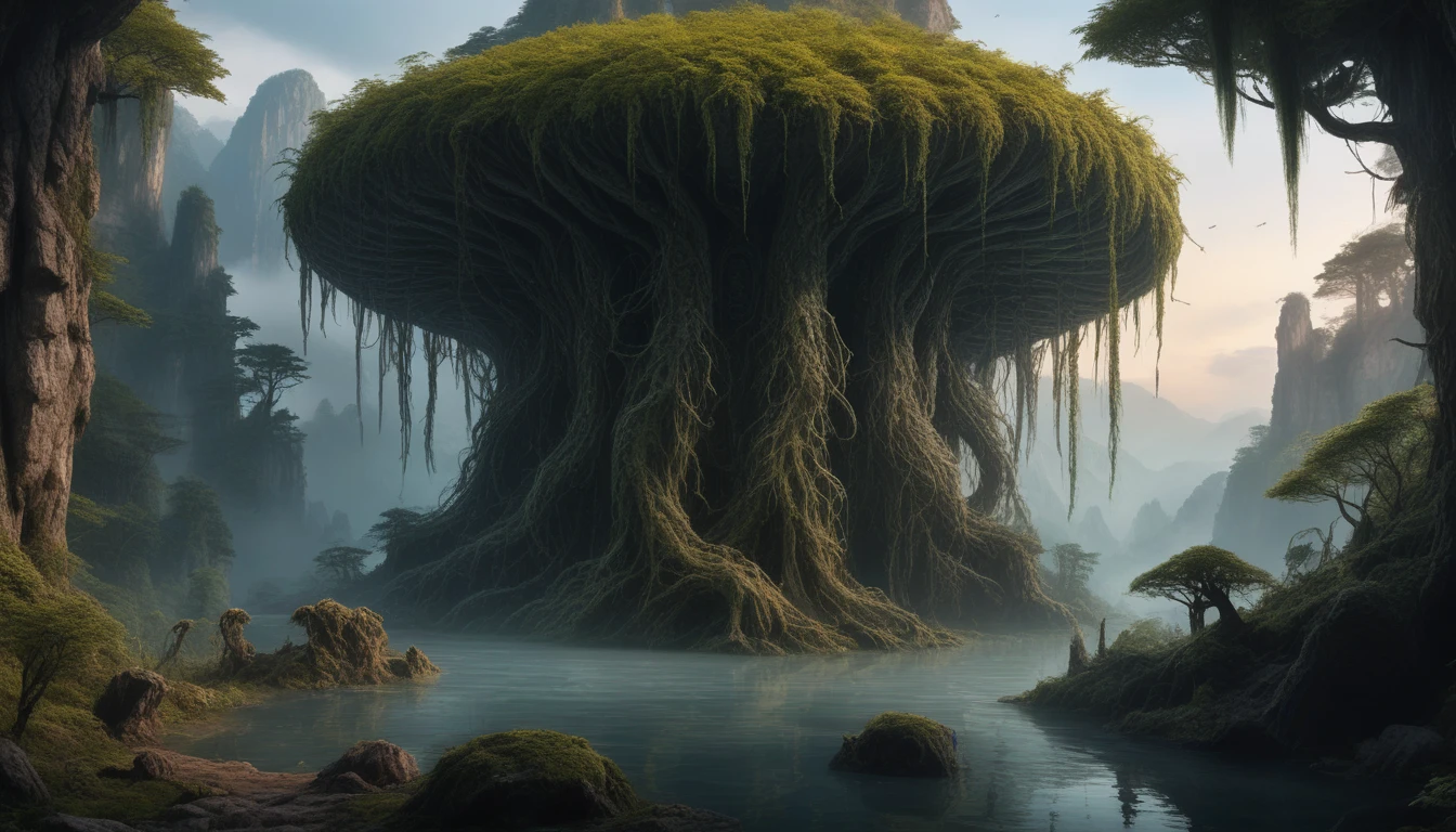 It appears as a large quadrupedal creature with sharp claws,The entire body is covered in moss and vines,Approximately 3 meters in body length,Ominous landscape, Opal Goblin,Obsidian Atmosphere,Flying Island,Dangerous atmosphere,Intricate details,Realistic moist skin,extremely Intricate details,Spectacular and realistic, Cinematic,Dramatic Light,Anatomically correct,Very fine grain, Eye for detail,超High resolution,retina,High resolution,Cinematic, Technicolor,Natural skin texture, ハイパーrealism, Super detailed,High Contrast,realism,Super detailed,Irina Ermolova,Close-up full body shot, masterpiece,Faded,16K resolution, Nikon Z9,alien,sunset,Zhangjiajie National Forest Park, China,Insanely Evil Landscape. Tentacles rising from the abyss, Contaminated River, Spooky Graveyard, Blood Moon, Unreal Engine, 超High resolution sketch color drawing