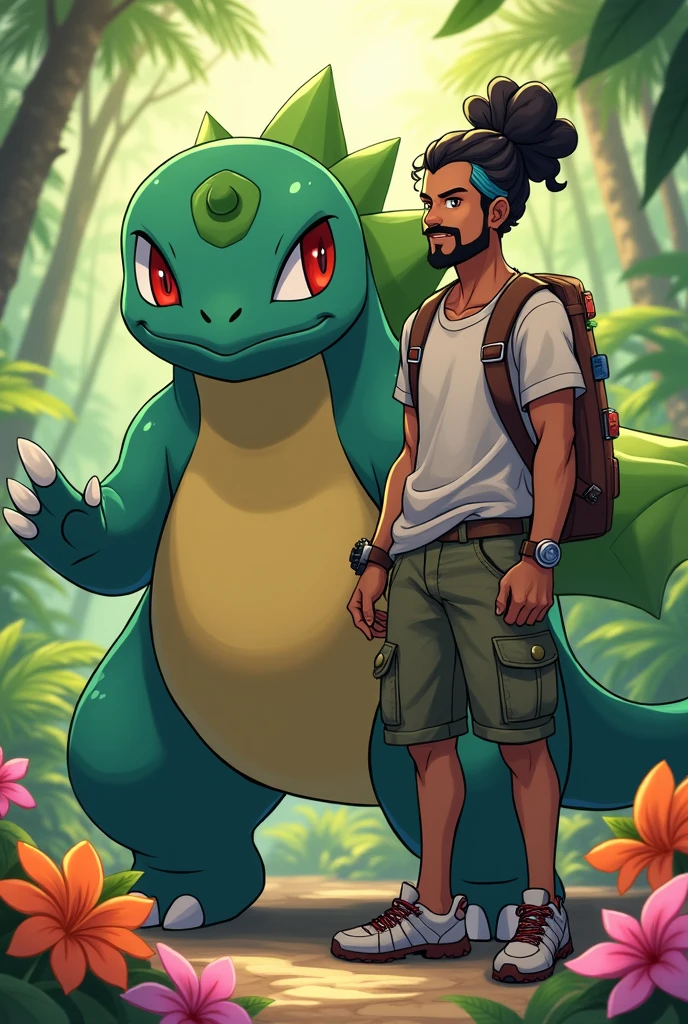 draw a Latin Pokemon trainer with a bun and curly hair, scraped on the side, with beard and mustache, next to the pokemon venusaur