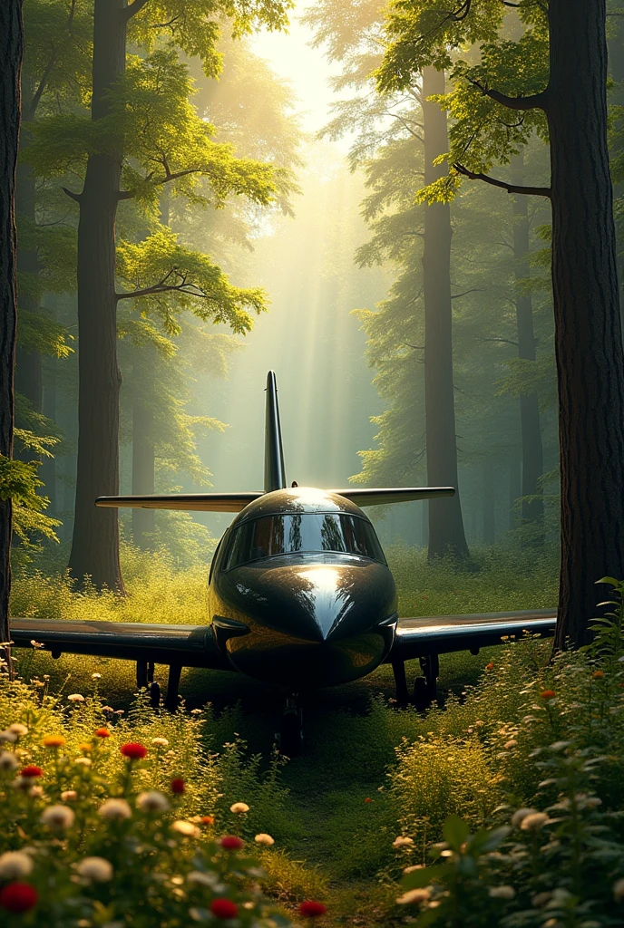 Black colour aeroplane in the middle of the forest 