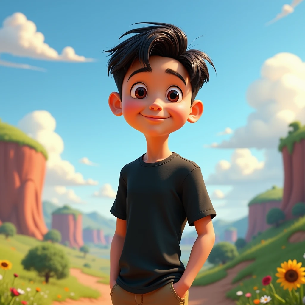 A Disney pixar style boy, high qualiy, best qualityer, Plain black shirt, military style hair, Youngh, about 60kg, 1,70 cm tall