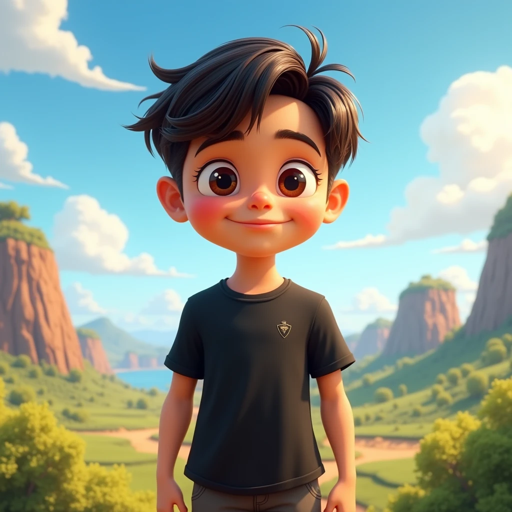 A Disney pixar style boy, high qualiy, best qualityer, Plain black shirt, military style hair, Youngh, about 60kg, 1,70 cm tall