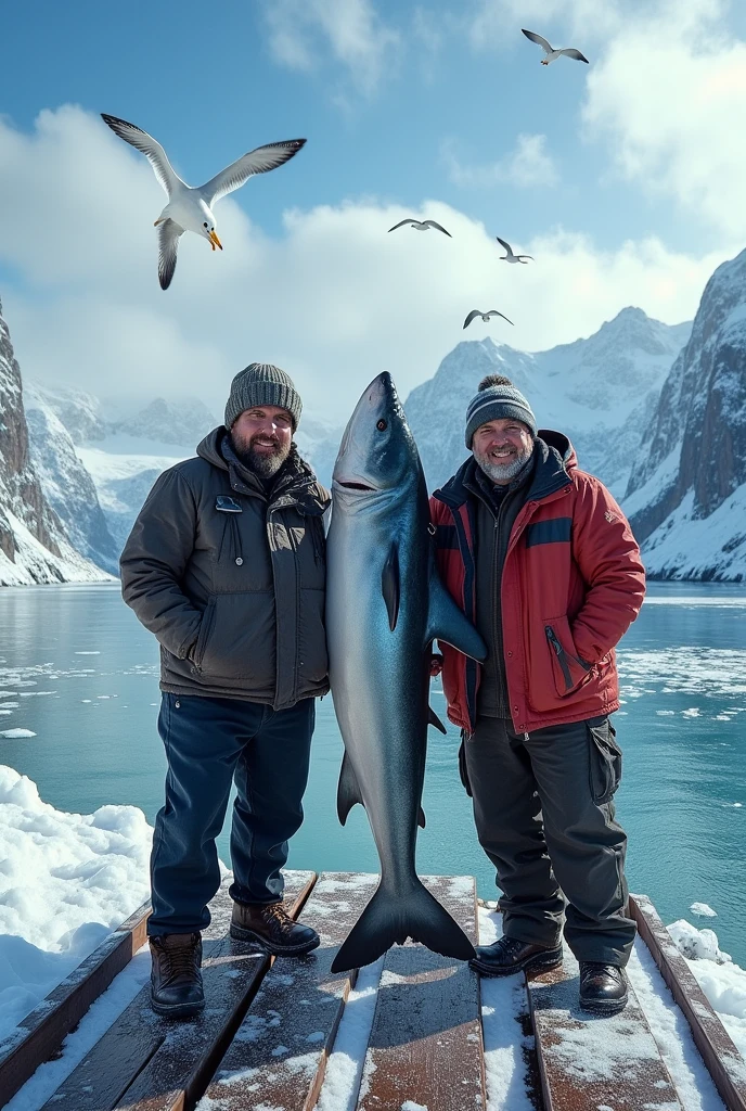 Cold area fishermen with a shark hanging