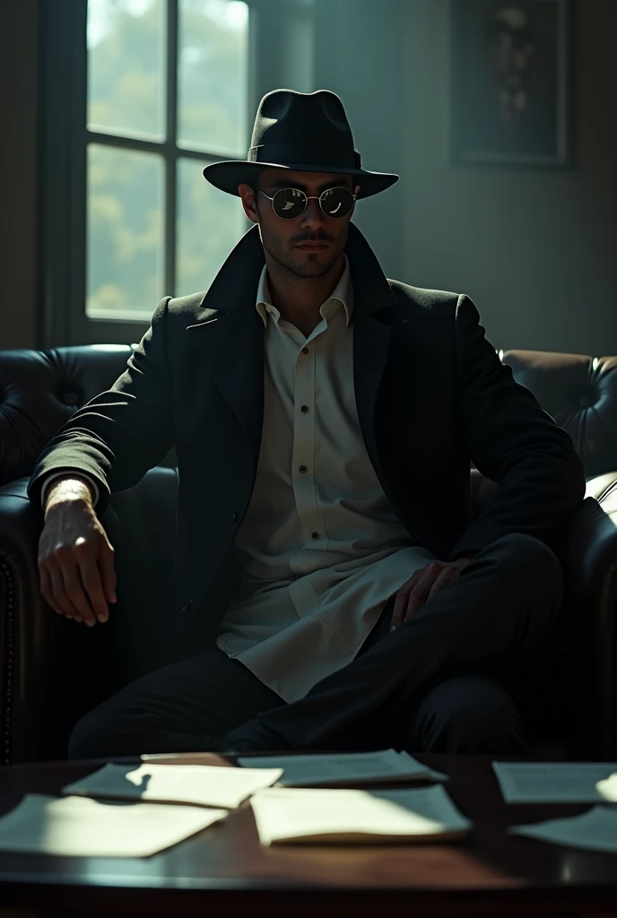 masterpiece, Highest quality, 16K, 2.5D, 1 person ( Black trench coat, White Suit, skirt, Fedora, Glasses, Sitting cross-legged, Sitting on the couch, tie, Severe, Detective), ( table, papers on table ), window, Office Background, hand