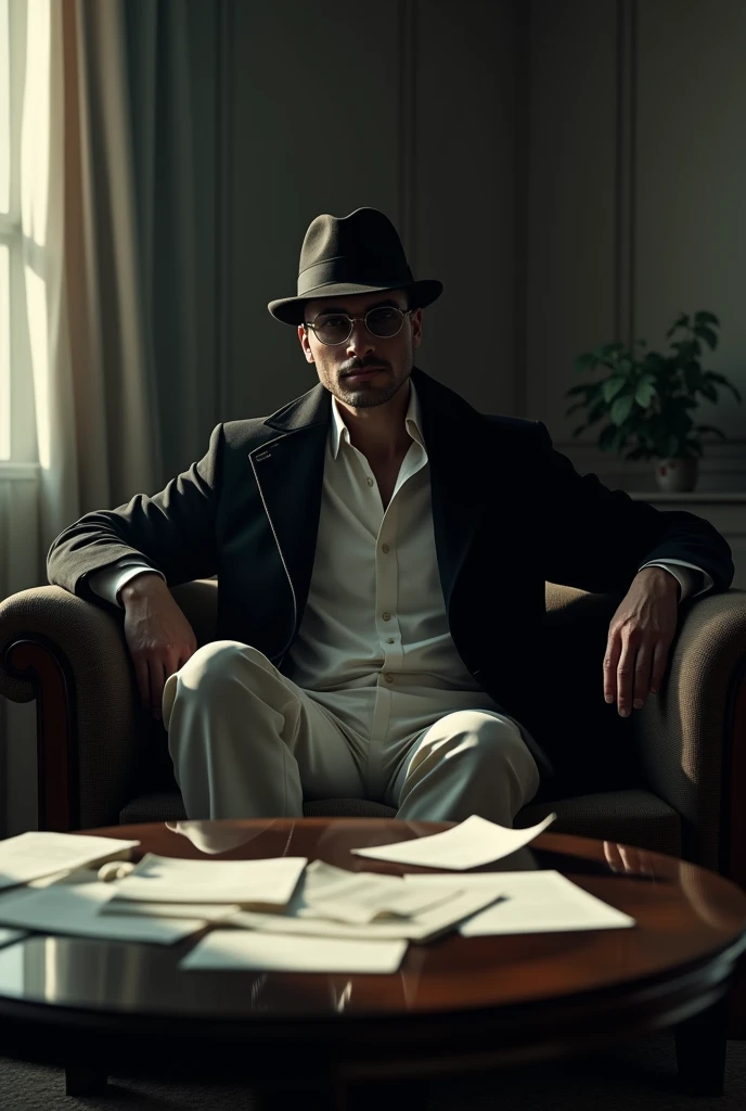 masterpiece, Highest quality, 16K, 2.5D, 1 person ( Black trench coat, White Suit, skirt, Fedora, Glasses, Sitting cross-legged, Sitting on the couch, tie, Severe, Detective), ( table, papers on table ), window, Office Background, hand