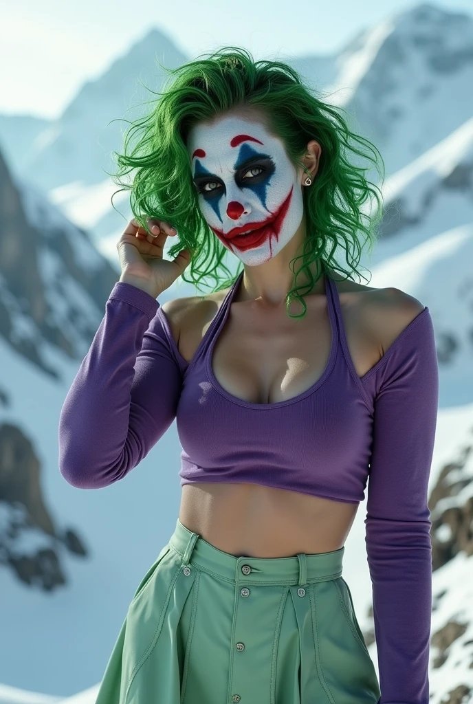 {
"prompt": "A faithful female version of the iconic Joker from DC Comics, reimagined with a seductive yet psychotic allure, wearing sexy, thematic attire while posing in the picturesque Alps. She has pale white skin and wild, vibrant green hair styled in messy, chaotic curls. Her makeup is heavy and smeared, inspired by Heath Ledger’s Joker, with dark, hollow eyes surrounded by smudged black makeup and a blood-red, twisted smile that extends unevenly beyond the corners of her mouth, creating a chilling yet irresistible grin. She wears a form-fitting, purple crop top with a plunging neckline and a light green high-waisted mini skirt that highlights her toned physique. She completes the look with matching light green high-heeled boots. She stands confidently in front of the snow-capped peaks and dramatic alpine landscape, with the crisp, cold air adding a stark contrast to her seductive appearance. Her pose is both alluring and provocative, with one hand resting on her hip and the other playfully adjusting her green hair. Her gaze is filled with a mix of madness and seduction, creating a striking and unforgettable contrast between her chaotic appearance and the serene beauty of the alpine scenery.",
"size": "1024x1792"
}