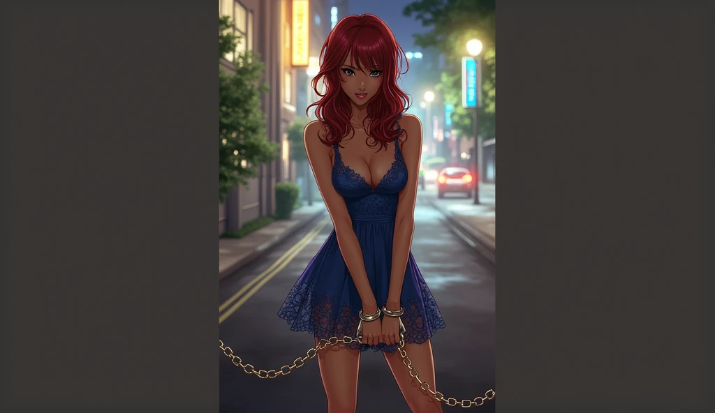 Excellent image, a young adult woman with bright makeup in a blue lace mini dress with open shoulders, with red hair, wearing high heel sandals, Hands in handcuffs, handcuffs on hands, wrists are cuffed, arrest, Hands handcuffed, Posing in full growth, playful smile, hands behind your back, feet shoulder width apart, handcuffs with long chain on legs, anime