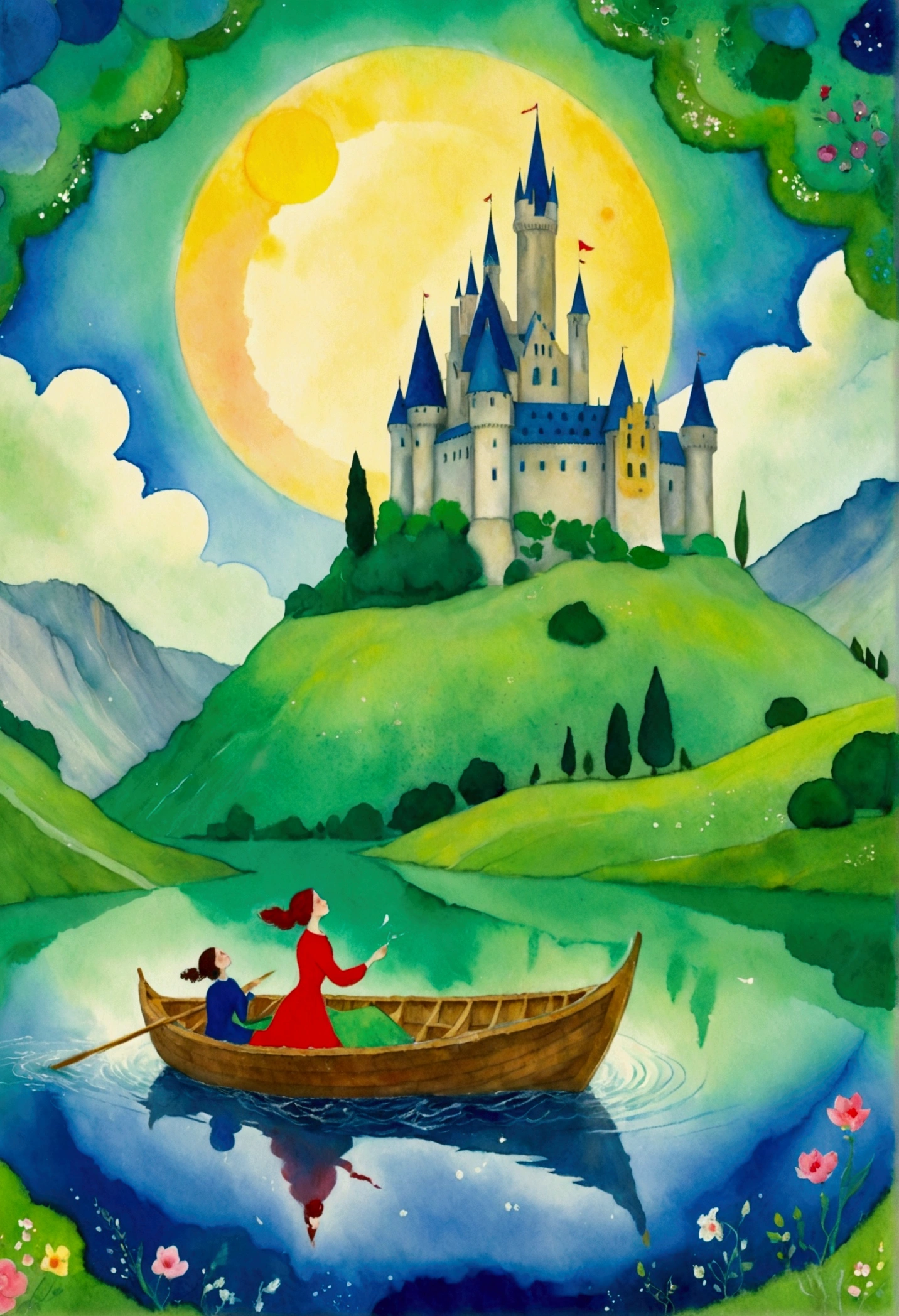 painting of a woman in a boat with a castle in the background, a storybook illustration inspired by Marcel Chagall, deviantart contest winner, metaphysical painting, fairy tale illustration, fairytale illustration, fairy tale illustrations, fantasy watercolor, fairy-tale illustration style, storybook illustration, childrens book illustration, children book illustration, children’s book illustration, children's book illustration