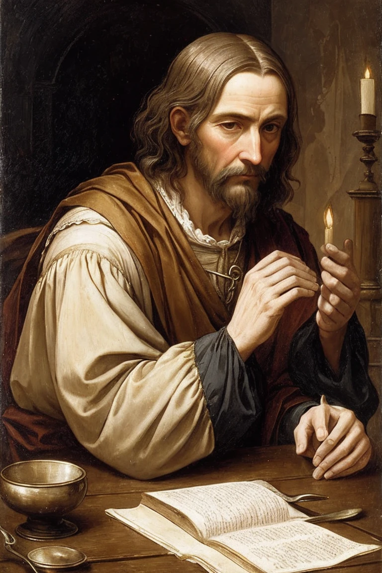 renaissance style painting, surreal art, a frail man, scraggily hair, medieval peasant clothes, dead eyes, gaunt features, hands wrapped in old fraying gauze, sitting at a table in a damp room, lantern on the table, very little illumination, defeated man, clean shaven, roughed up clothes, medieval lighthouse keeper, very dark room, eerie