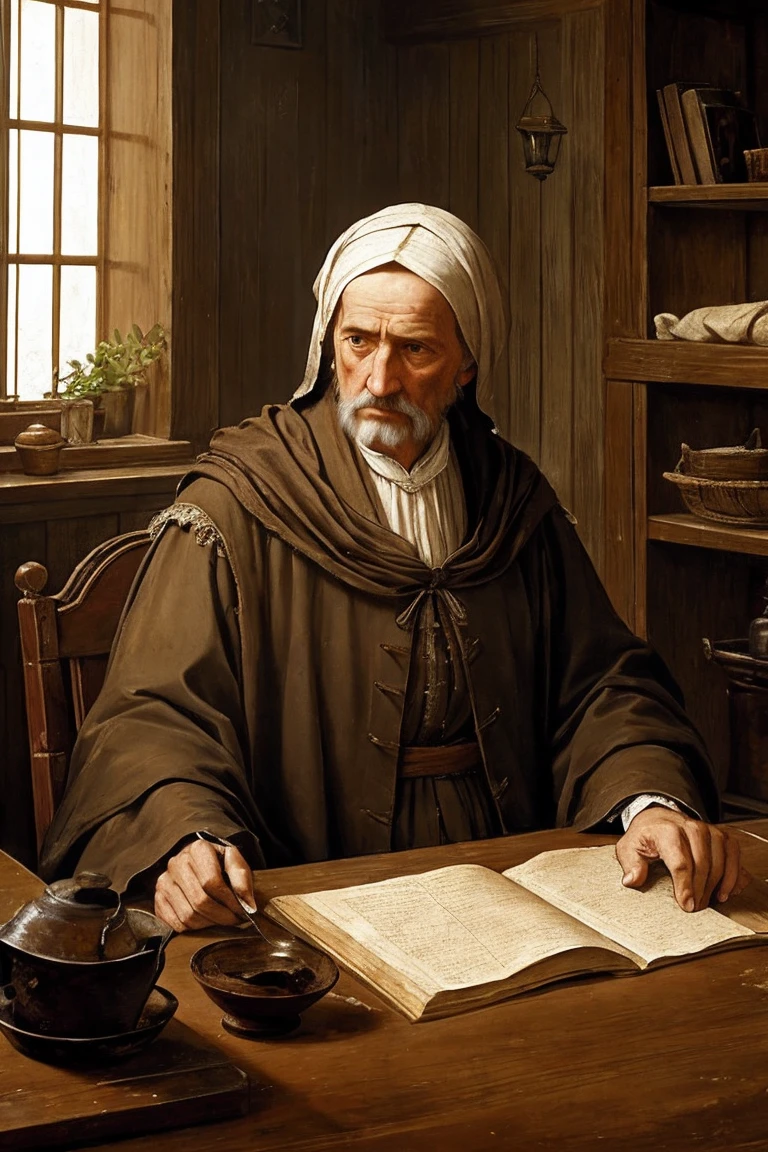 renaissance style painting, surreal art, a frail man, scraggily hair, medieval peasant clothes, dead eyes, gaunt features, hands wrapped in old fraying gauze, sitting at a table in a damp room, lantern on the table, very little illumination, defeated man, clean shaven, roughed up clothes, medieval lighthouse keeper, very dark room, eerie