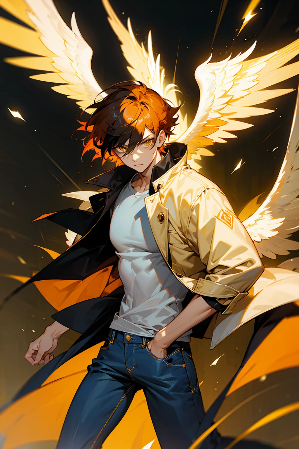 1male, Young Adult, Light Orange Hair, Black Hair, Two Toned Hair, Short Hair, Yellow eyes, Disheveled Hair, Radiant, Coat, Jeans, Masculine, Beautiful Lighting, Angel Wings, Flying, Muscular