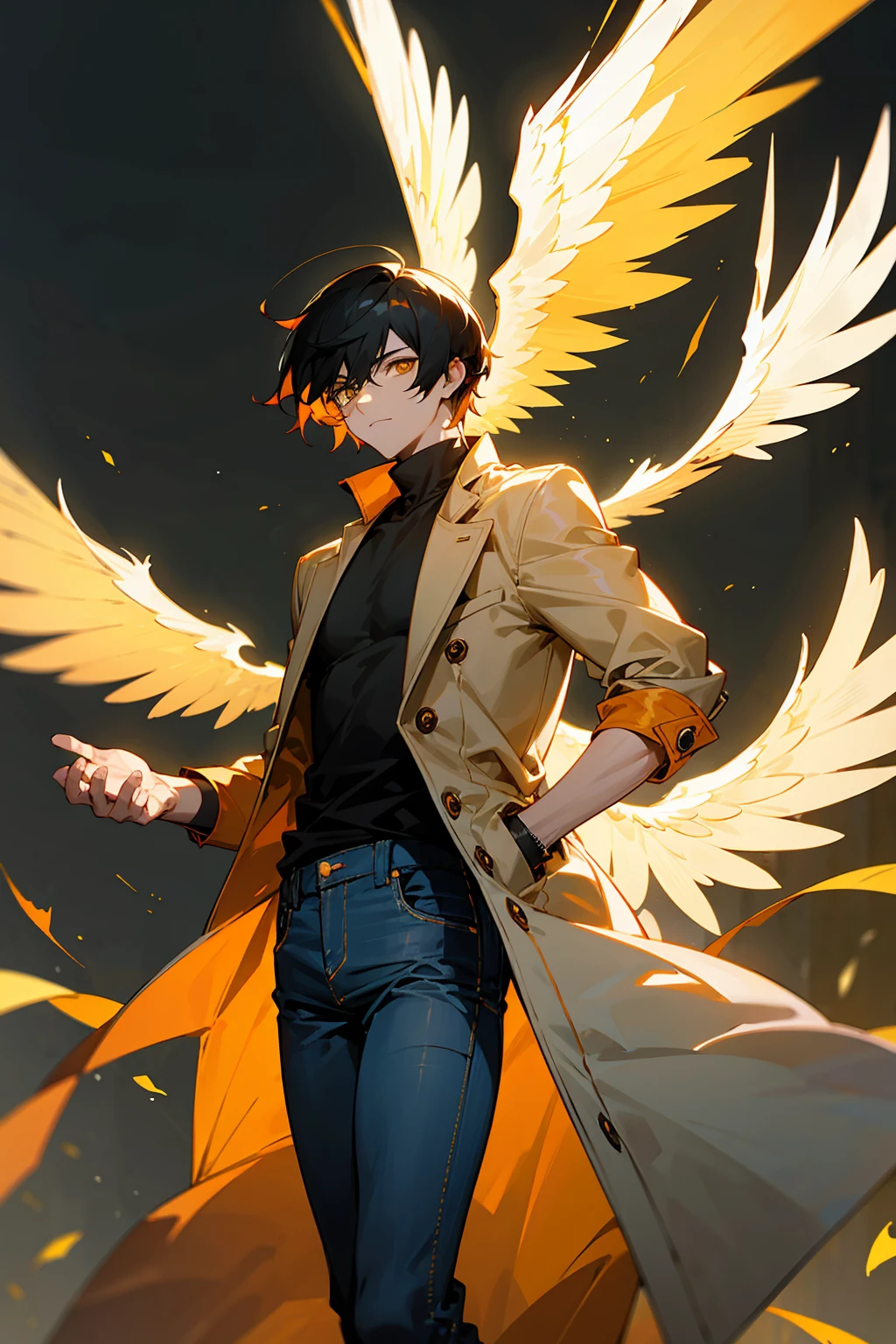 1male, Young Adult, Light Orange Hair, Black Hair, Two Toned Hair, Short Hair, Yellow eyes, Disheveled Hair, Radiant, Coat, Jeans, Masculine, Beautiful Lighting, Angel Wings, Flying, Muscular