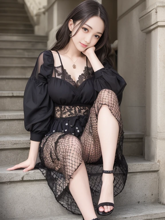 Photo-realistic quality、A 25-year-old Japanese female model sitting on the stairs with her hand on her chin., Black lace dress、Beautiful bare feet、Wearing high heels、Shot with Canon EOS 5D,looking at the camera、Detailed and beautiful eyes、Cute smile、A soft and gentle look、A seductive smile, Gorgeous Japanese Model, Sexy young woman, Bewitching young woman