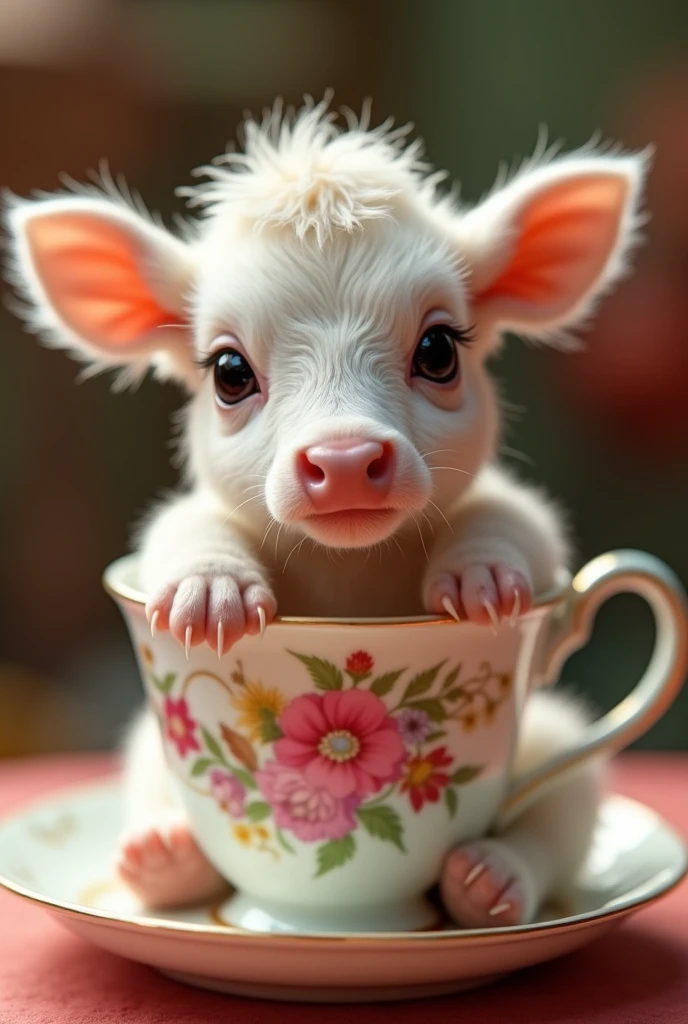 ((masterpiece,best quality,)),close up,side,Multiple angles,A cute little cow placed in a teacup,Sexy holding a teacup