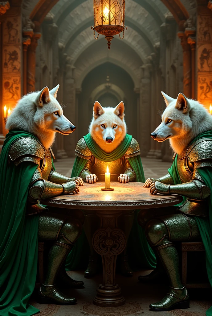 (photorealism:1.2), Wolves and she-wolves wearing Heineken armor at a medieval round table