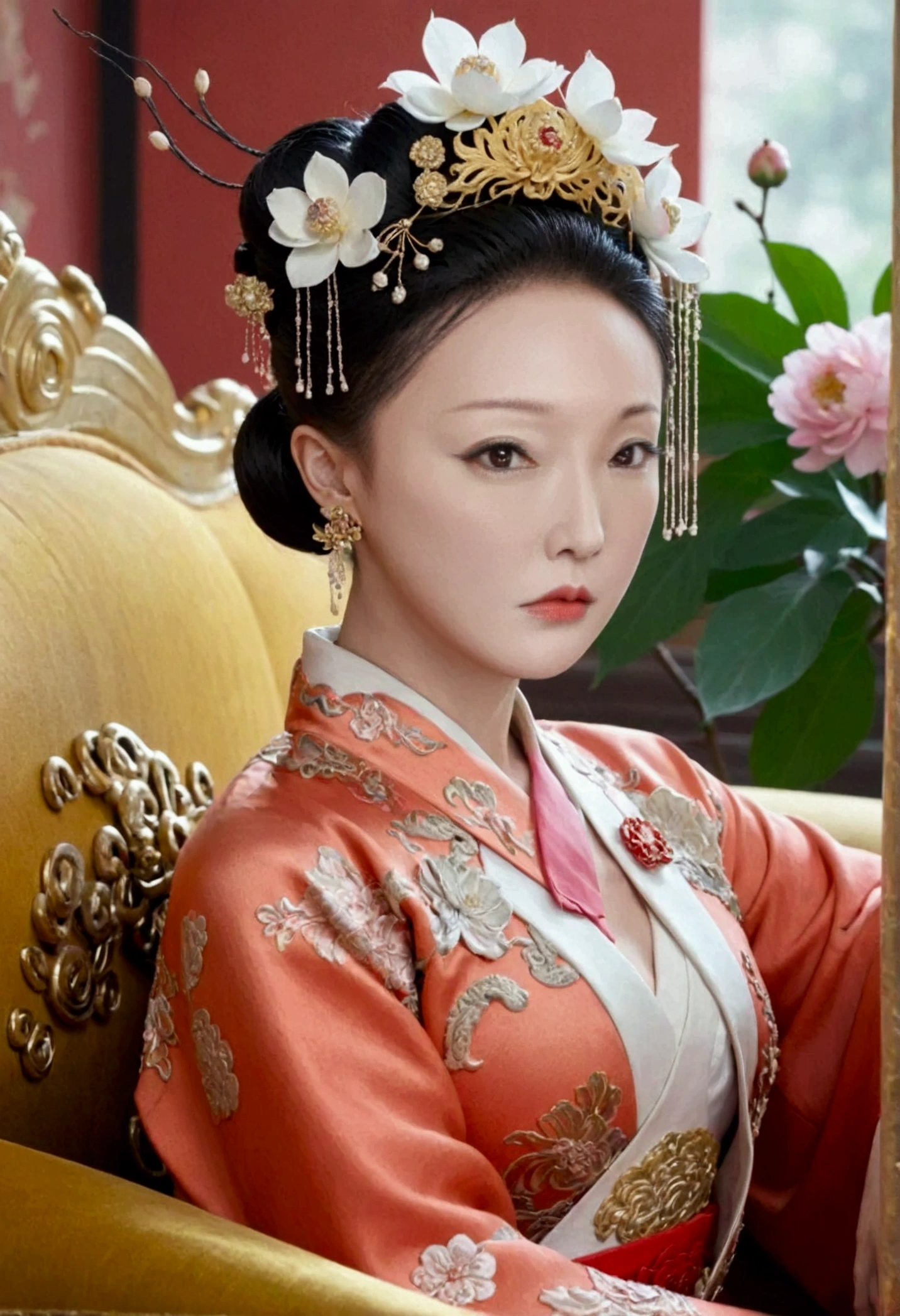 The naked front or seen appearance of a luxurious Empress from the Qing Dynasty of China, sitting on a large golden sofa., Large breasts and a pornographic pose, her hair tied on both sides、A beautiful hairpin and flower ornament, the Empress of China、Hair tied in the back, a perverted and erotic female background、The setting is the luxurious room of the Empress in the Qing Dynasty palace of China。.。