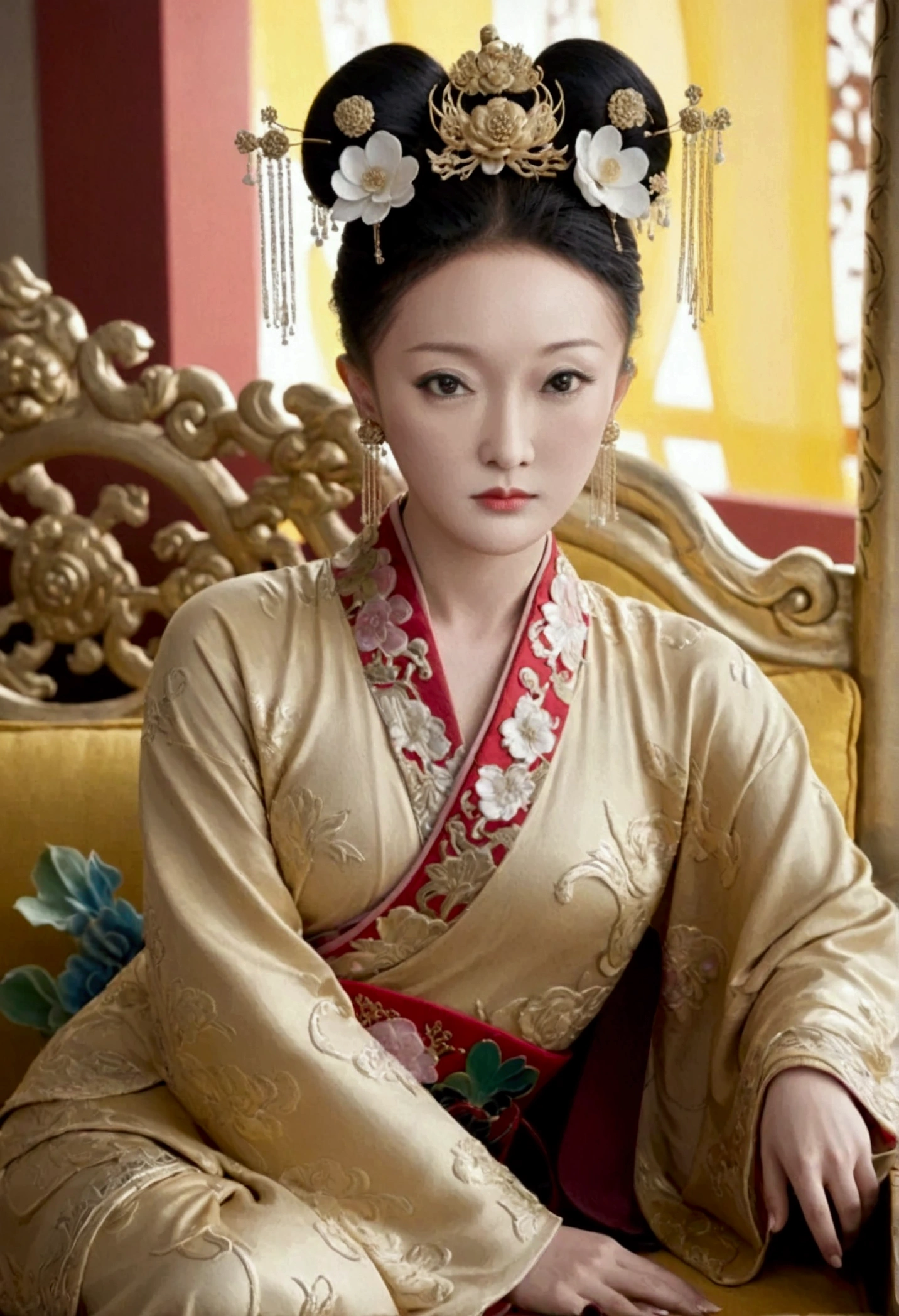 The naked front or seen appearance of a luxurious Empress from the Qing Dynasty of China, sitting on a large golden sofa., Large breasts and a pornographic pose, her hair tied on both sides、A beautiful hairpin and flower ornament, the Empress of China、Hair tied in the back, a perverted and erotic female background、The setting is the luxurious room of the Empress in the Qing Dynasty palace of China。.。