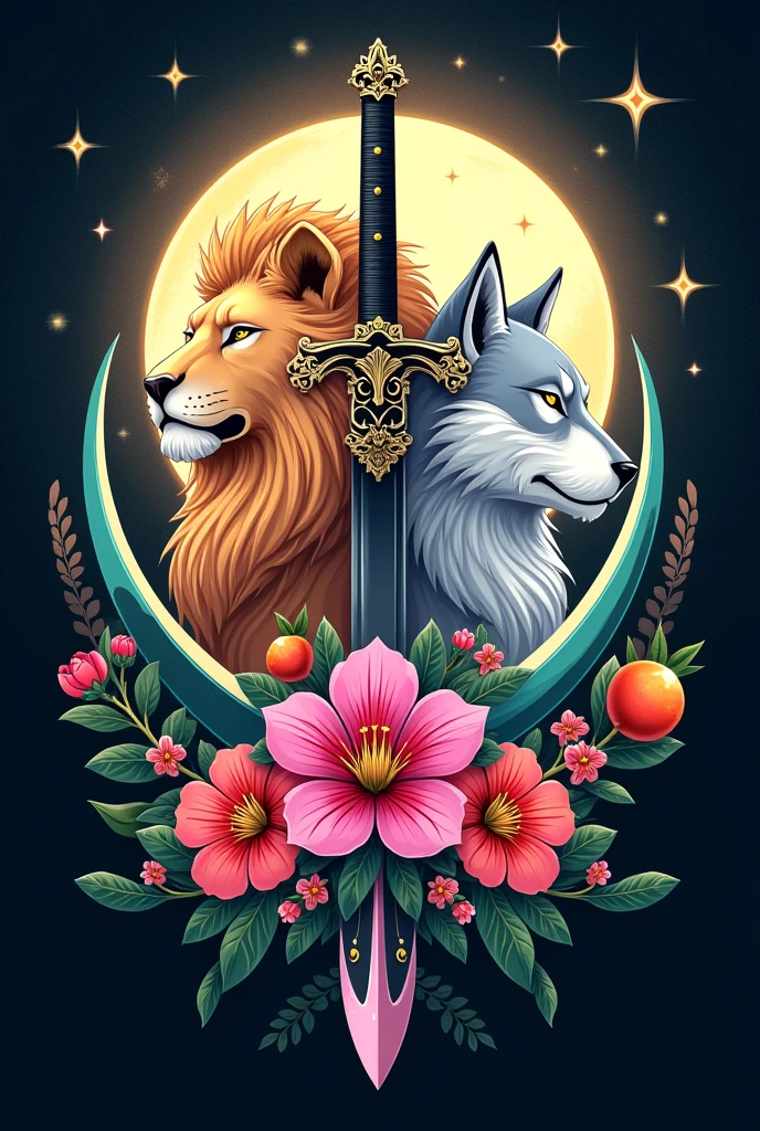 2D Anime Logo with the name MoonStars featuring lycoris radiata, a golden lion, a silver wolf, a black scythe, a pink microphone, an orange fruit and turquoise green katanas