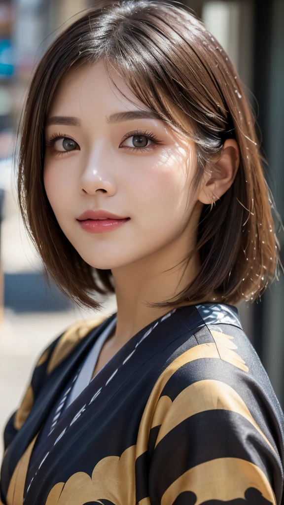 (photorealistic, 32k, RAW photo, best quality: 1.5), (masterpiece:1.3), (absurdres, attractive, ultra high resolution, ultra realistic, highly detailed, golden ratio, ultra detailed, super fucking beautiful detailed face), natural makeup, detailed cloth texture, detailed hair texture, beautiful detailed fullbody, Perfect female body, accurate, Anatomically correct, Highly detailed face and skin texture, (beautiful hands), (realistic skin), (beautiful pale skin:1.1),  (Perfect dynamic composition, looking at viewer:1.3), (upper body shot:1.3),  ((Japanese Kimono:1.3)), 
BREAK, 
realistic eyes, beautiful detailed eyes, symmetric eyes, Light Brown eyes, Double eyelids, Thin eyebrows, (Glossy lips:1.4), ((A face with waiting for a kiss, Shy Smile:1.2)), (blush:1.1), 
BREAK, 
((short hair, bob, Dark blonde hair, bangs:1.2))