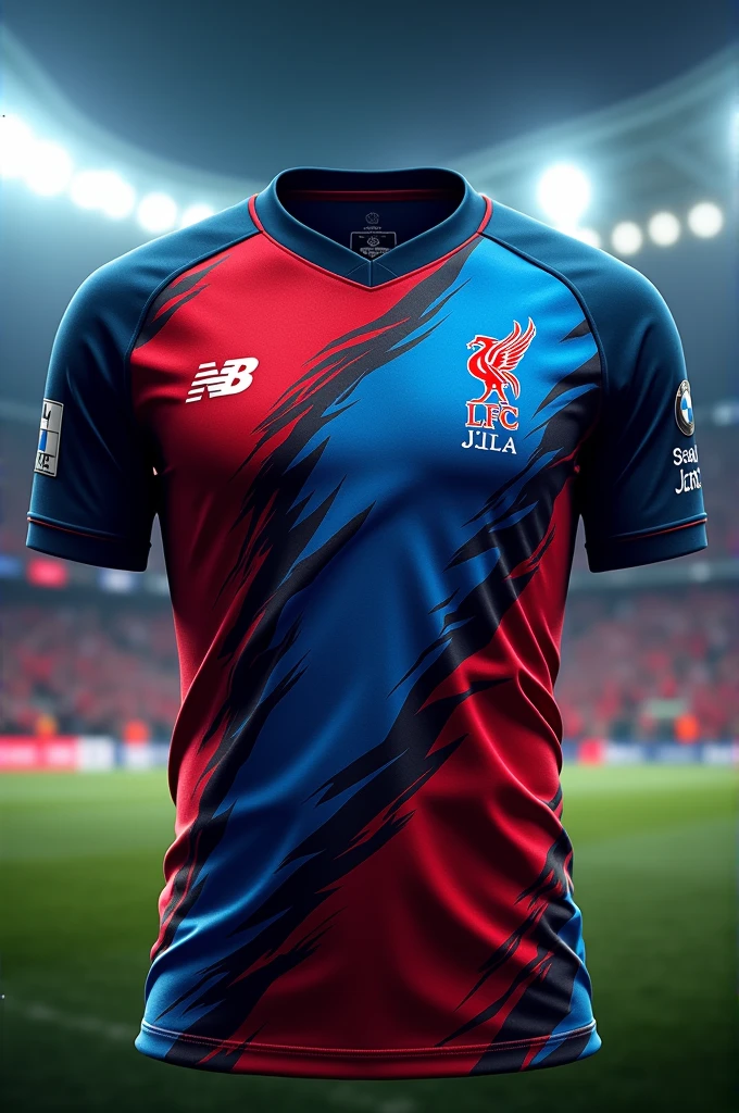 The Liverpool FC team kit, which is blue, red and black in color and has a lightning design on the shirt, and the sponsor's shirt is BMW written in the middle of the shirt.