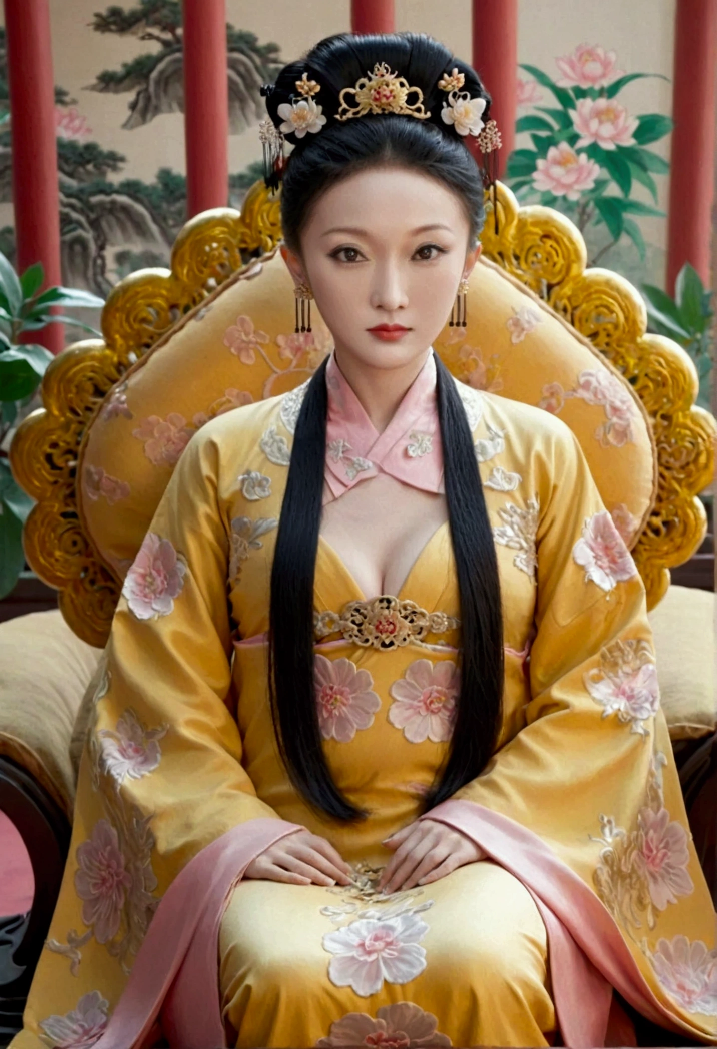 The naked front or seen appearance of a luxurious Empress from the Qing Dynasty of China, sitting on a large golden sofa., Large breasts and a pornographic pose, her hair tied on both sides、A beautiful hairpin and flower ornament, the Empress of China、Hair tied in the back, a perverted and erotic female background、The setting is the luxurious room of the Empress in the Qing Dynasty palace of China。.。