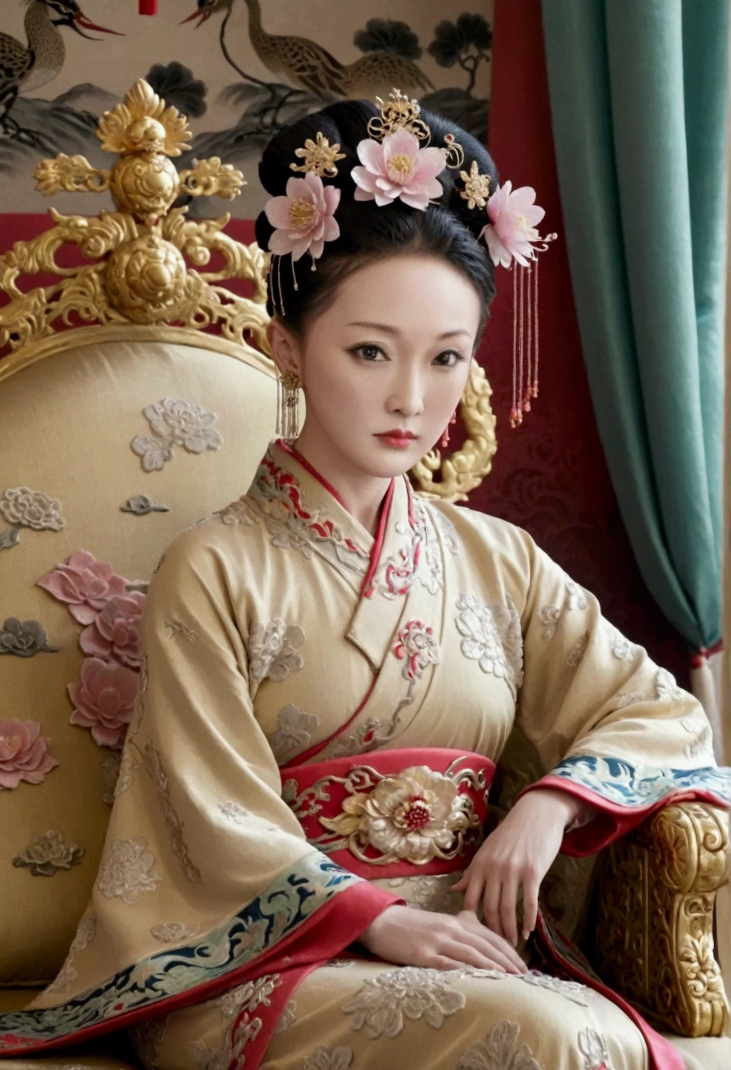 The naked front or seen appearance of a luxurious Empress from the Qing Dynasty of China, sitting on a large golden sofa., Large breasts and a pornographic pose, her hair tied on both sides、A beautiful hairpin and flower ornament, the Empress of China、Hair tied in the back, a perverted and erotic female background、The setting is the luxurious room of the Empress in the Qing Dynasty palace of China。.。