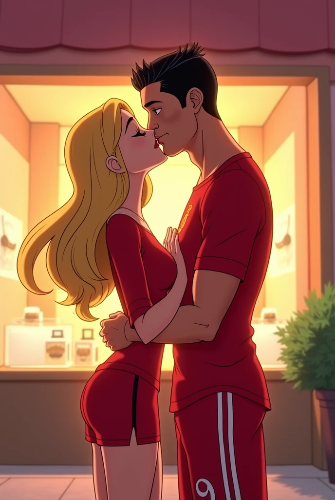 Cristiano Ronaldo going out on a date with Total Drama Baddie named Samey she has blonde hair has a red shirt covering only her top half and red shorts cartoon (pls do animated) They Kiss for a while And they make out and they kiss passionately then he buys her one of the most expensive necklaces 