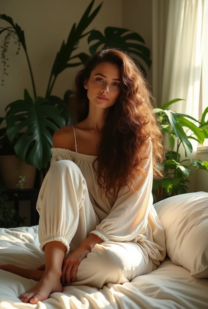 (photorealism:1.2), beautiful woman, sitting on bed, wearing loose off-shoulder top, pajama pants, long curly hair, indoors, soft lighting, plants in background, window with sunlight, cozy room, relaxed pose, realistic, intricate details, warm colors, by Greg Rutkowski, by Alphonse Mucha