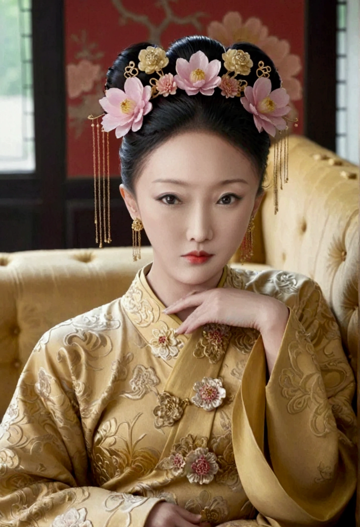 The naked front or seen appearance of a luxurious Empress from the Qing Dynasty of China, sitting on a large golden sofa., Large breasts and a pornographic pose, her hair tied on both sides、A beautiful hairpin and flower ornament, the Empress of China、Hair tied in the back, a perverted and erotic female background、The setting is the luxurious room of the Empress in the Qing Dynasty palace of China。.。
