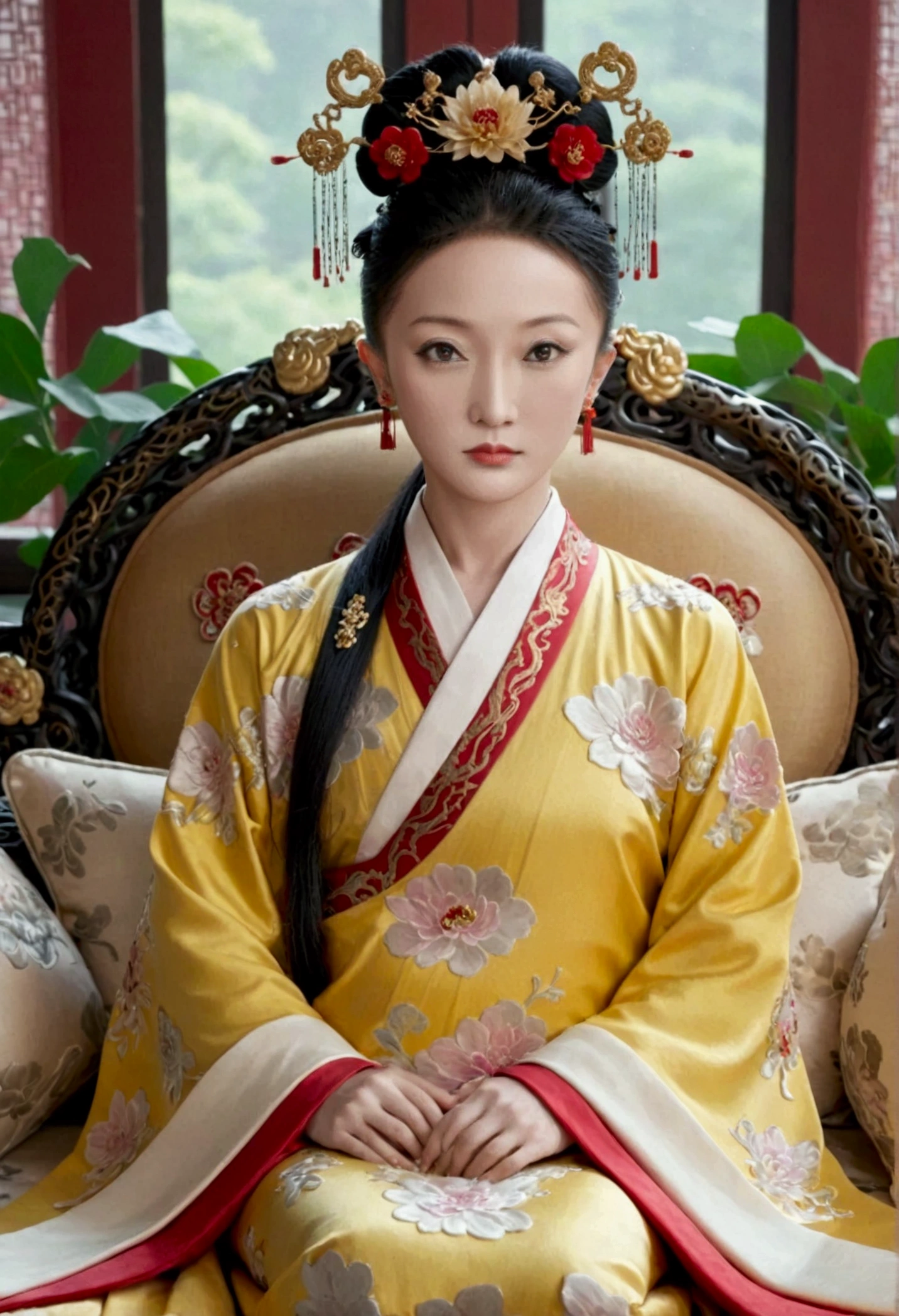 The naked front or seen appearance of a luxurious Empress from the Qing Dynasty of China, sitting on a large golden sofa., Large breasts and a pornographic pose, her hair tied on both sides、A beautiful hairpin and flower ornament, the Empress of China、Hair tied in the back, a perverted and erotic female background、The setting is the luxurious room of the Empress in the Qing Dynasty palace of China。.。
