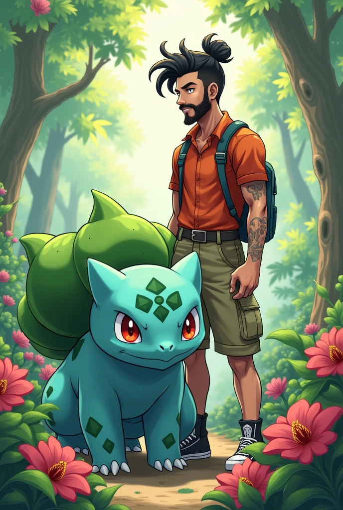 draw a Latin Pokemon trainer with a bun and curly hair, scraped on the side, with beard and mustache, next to the pokemon venusaur