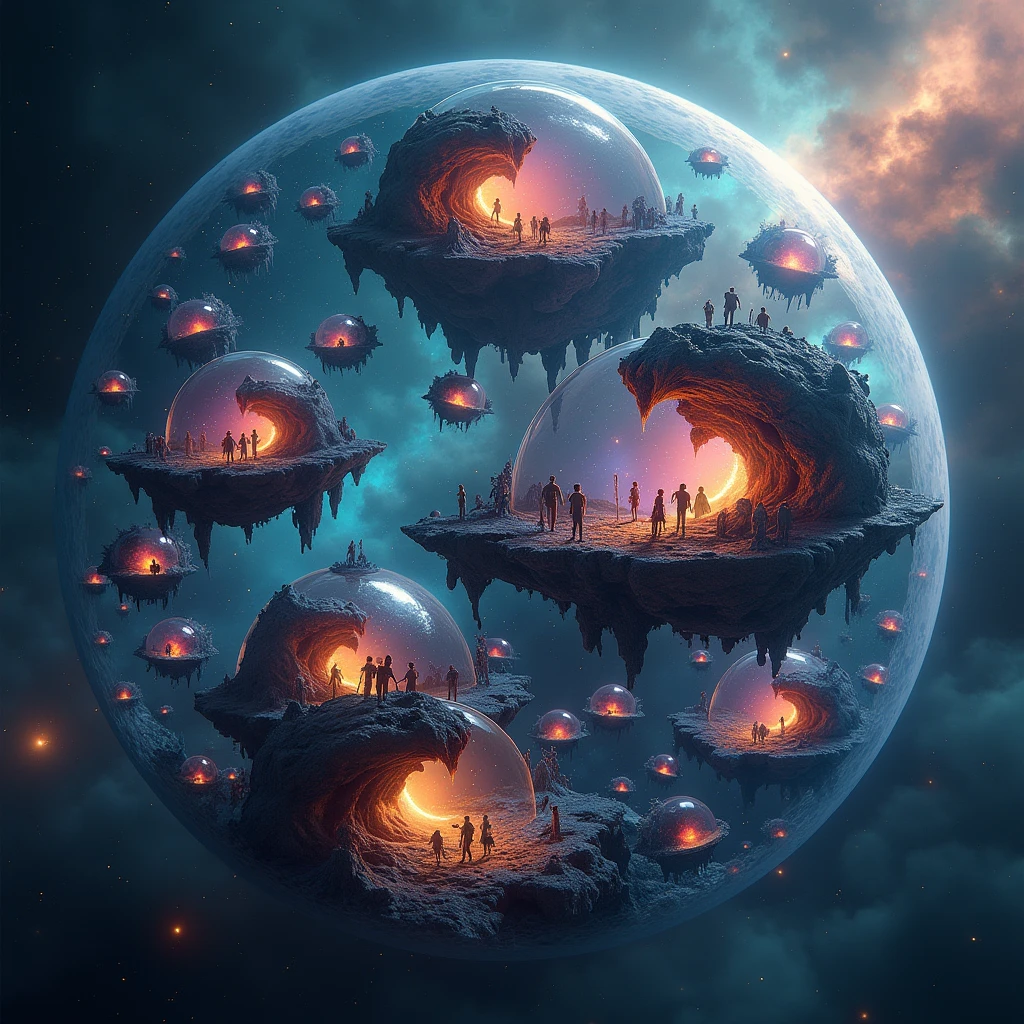 a spherical multiverse in space, different alien races in each bubble, colorful lights, dark matter clusters like caviar, cinematic lighting, ultra realistic, 8k, highly detailed, photorealistic, dramatic, intricate, cinematic composition, moody atmosphere, hyper detailed, award winning digital art
