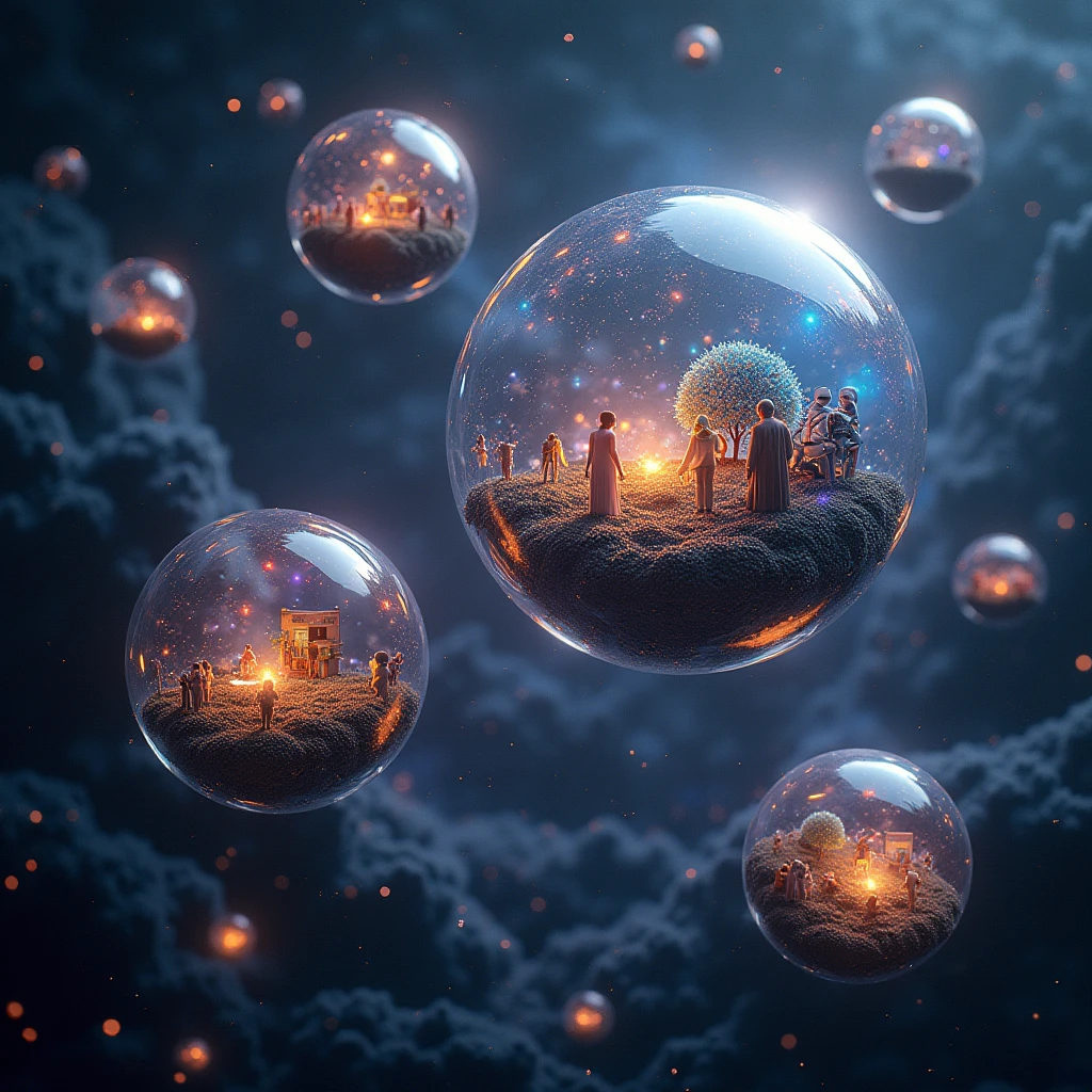 a spherical multiverse in space, different alien races in each bubble, colorful lights, dark matter clusters like caviar, cinematic lighting, ultra realistic, 8k, highly detailed, photorealistic, dramatic, intricate, cinematic composition, moody atmosphere, hyper detailed, award winning digital art