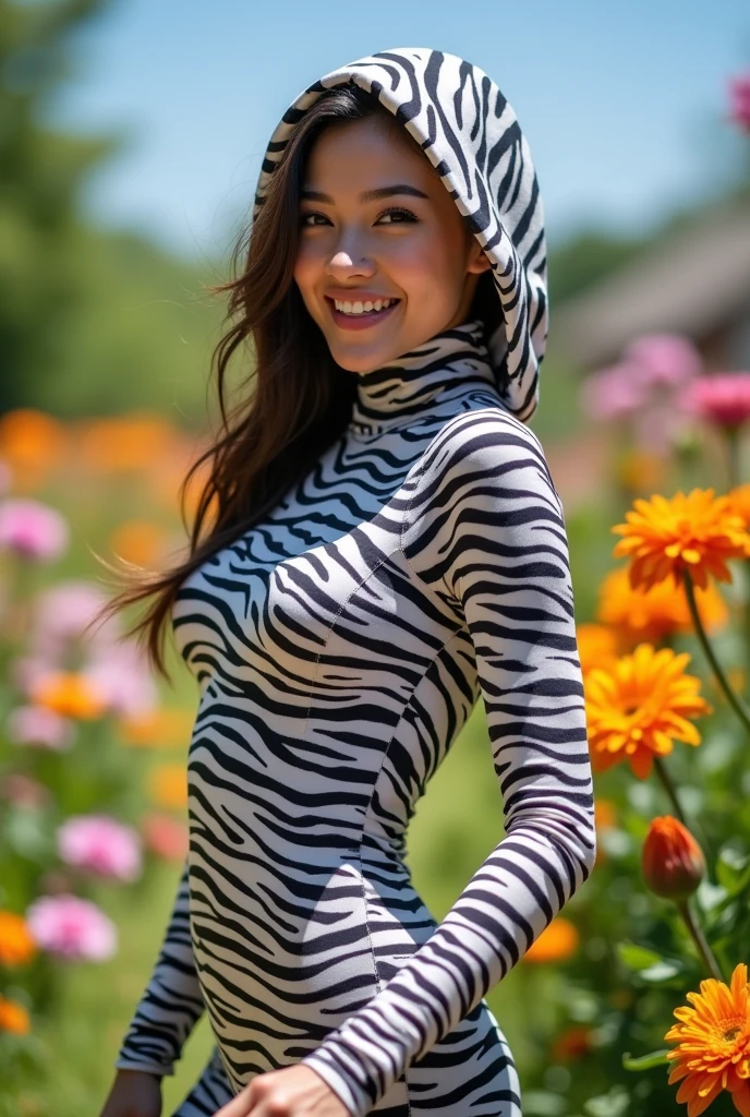 The beautiful asian adult girl with beautiful cheeks wears zebralycra turtleneck zentai catsuit covered with spots-like stripes and lycra elastane dancewear hood.She is happy in the garden.