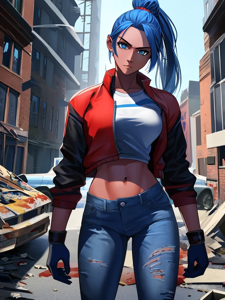a girl with blue hair in a ponytail, blue eyes, stern look, commanding posture, wearing blue tight jeans and clothes in red, blue, white and gray, black colors, slightly reddish skin, standing in front of destroyed houses in New York with an orange and blue theme, a zombie wearing clothes of the same colors in the background