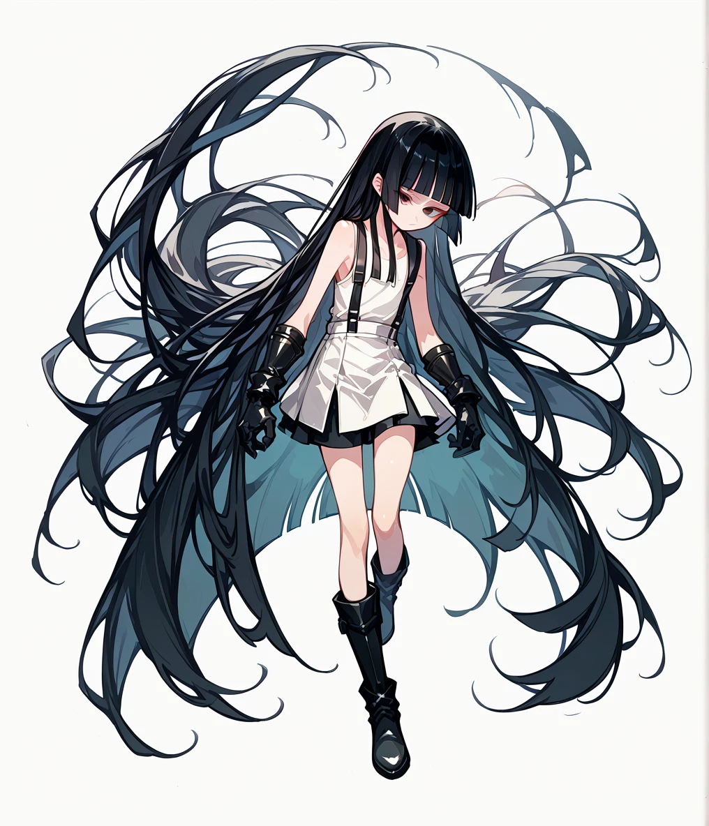 （Highest quality）,Japanese,Long Black Hair,Hime cut,Very flat chest,Very thin body,White tank top,Leather skirt,boots,Gloves,Elbow Guard､suspenders