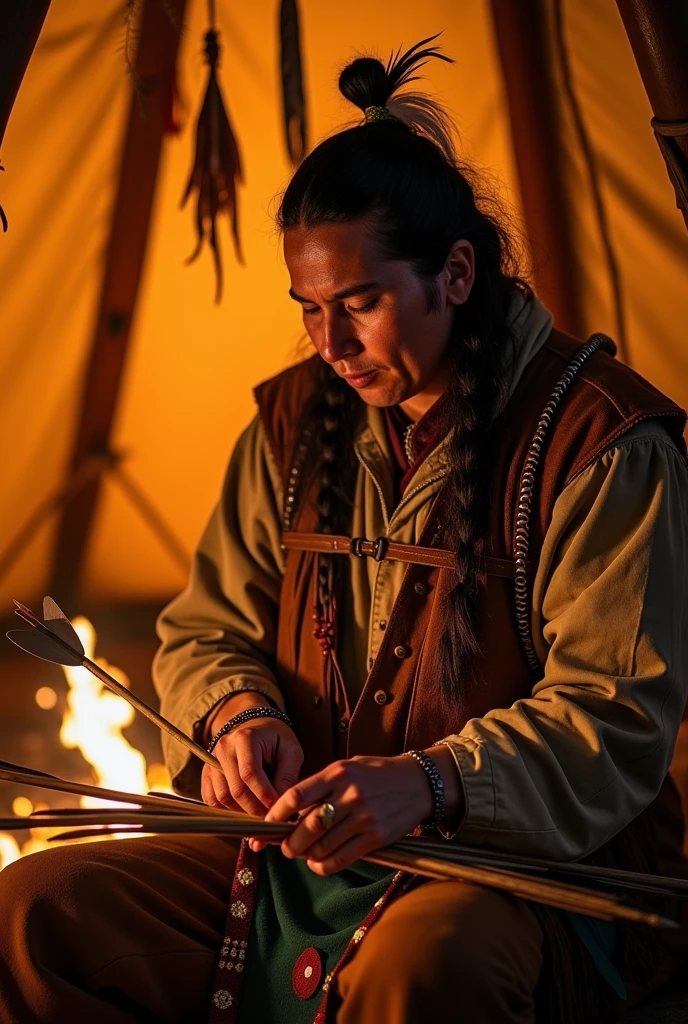 a native indian sharpening arrows with his teeth in a teepee