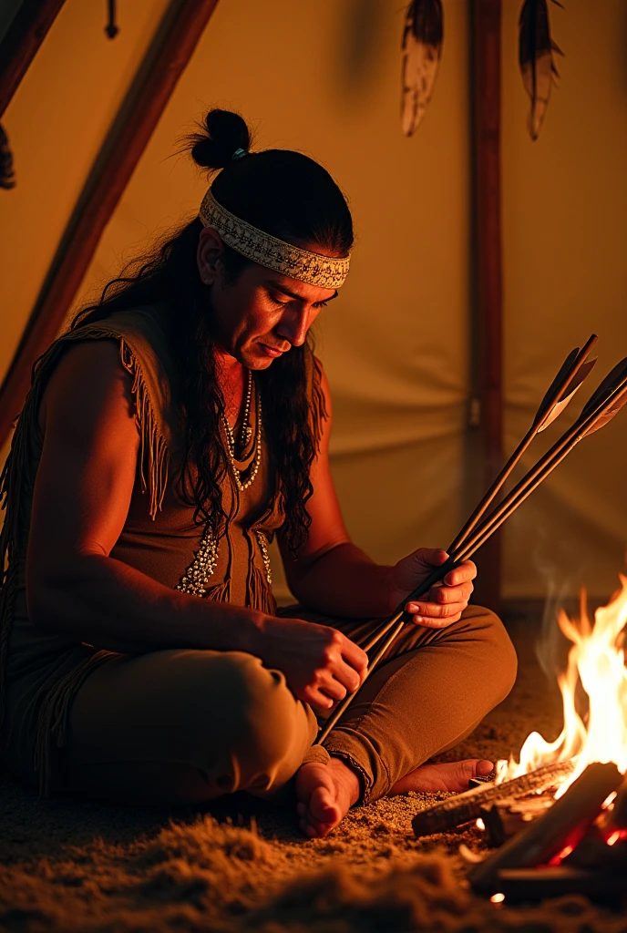a native indian sharpening arrows with his teeth in a teepee