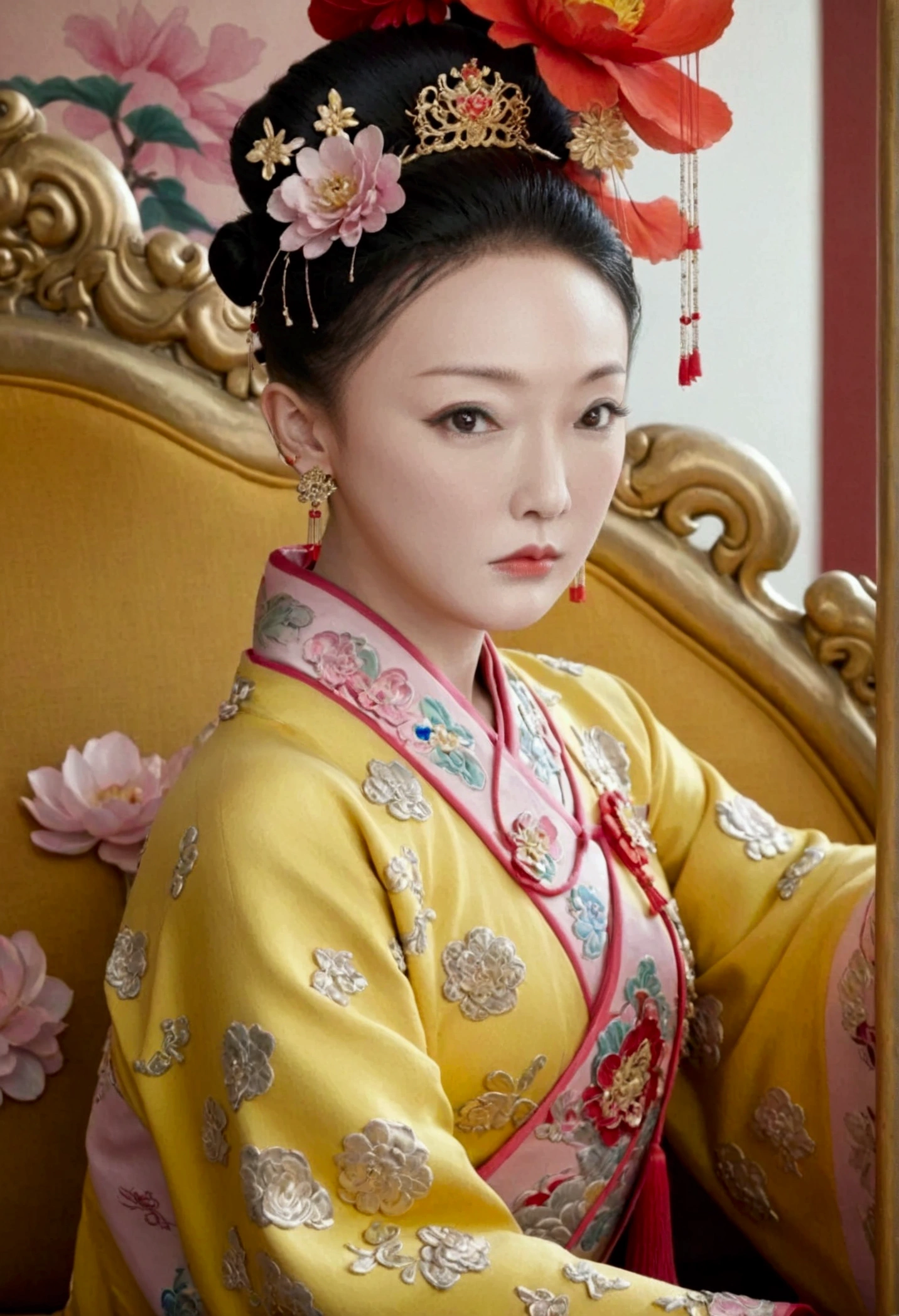 The naked front or seen appearance of a luxurious Empress from the Qing Dynasty of China, sitting on a large golden sofa., Large breasts and a pornographic pose, her hair tied on both sides、A beautiful hairpin and flower ornament, the Empress of China、Hair tied in the back, a perverted and erotic female background、The setting is the luxurious room of the Empress in the Qing Dynasty palace of China。.。
