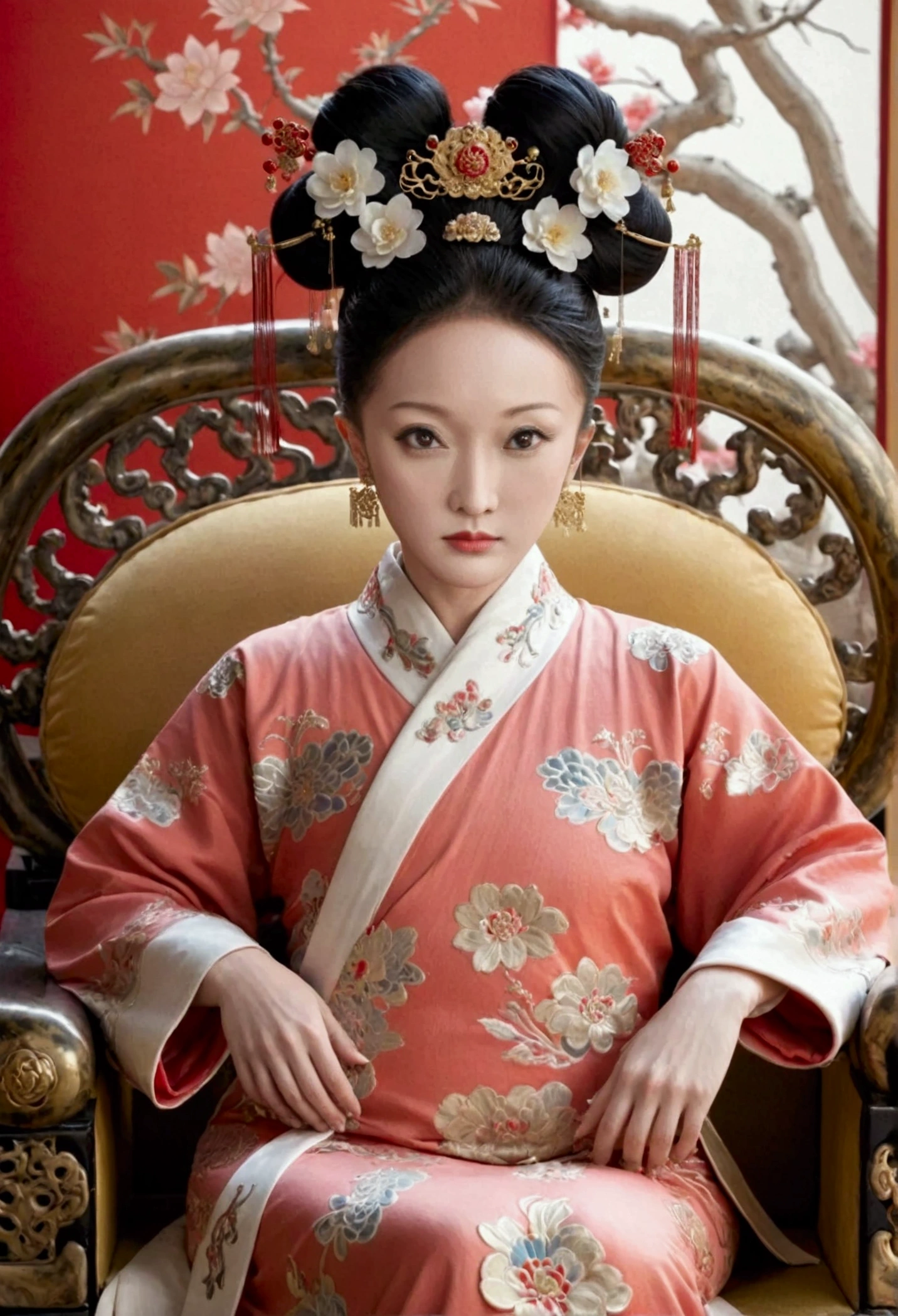 The naked front or seen appearance of a luxurious Empress from the Qing Dynasty of China, sitting on a large golden sofa., Large breasts and a pornographic pose, her hair tied on both sides、A beautiful hairpin and flower ornament, the Empress of China、Hair tied in the back, a perverted and erotic female background、The setting is the luxurious room of the Empress in the Qing Dynasty palace of China。.。
