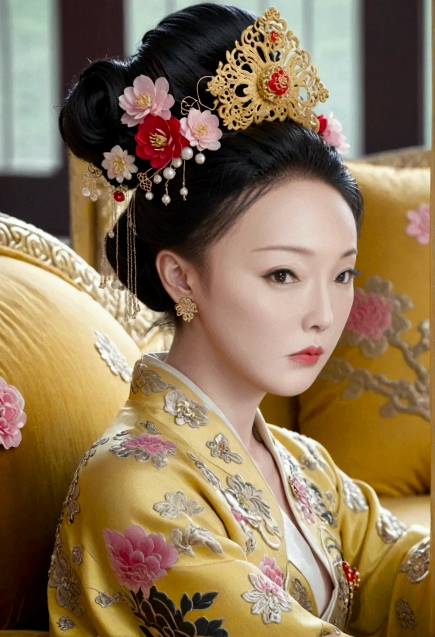 The naked front or seen appearance of a luxurious Empress from the Qing Dynasty of China, sitting on a large golden sofa., Large breasts and a pornographic pose, her hair tied on both sides、A beautiful hairpin and flower ornament, the Empress of China、Hair tied in the back, a perverted and erotic female background、The setting is the luxurious room of the Empress in the Qing Dynasty palace of China。.。