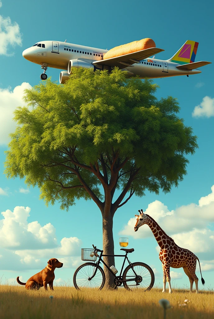 airplane eating bread and drinking water on top of the tree with a dog crossing with a giraffe and riding a bicycle