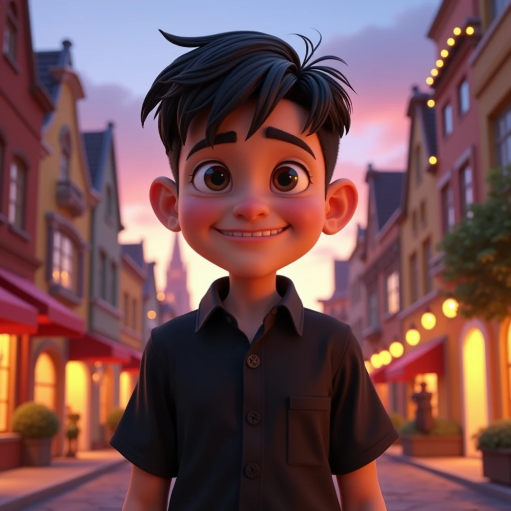 A Disney pixar style boy, high qualiy, best qualityer, Plain black shirt, military style hair, Youngh, about 60kg, 1,70 cm tall, 20 years old